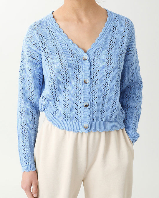 Damen Strickjacke mit filigranem Lochmuster und Wellenabschlüssen EB