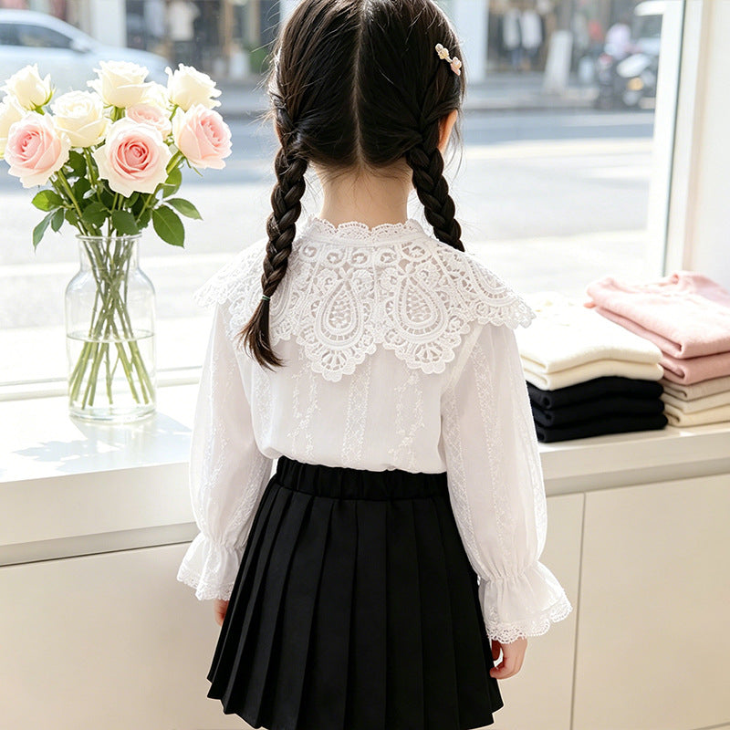 Mädchen elegante Bluse mit Rüschenkragen und Spitzenakzenten EB