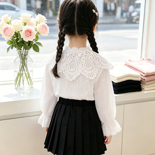 Mädchen elegante Bluse mit Rüschenkragen und Spitzenakzenten EB