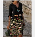 Damen luxuriöses V-Ausschnitt Kleid mit floralem Design und kurzem Ärmel EB