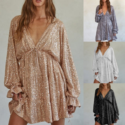Damen Funkelndes Festkleid mit V-Ausschnitt und Rüschendetails EB