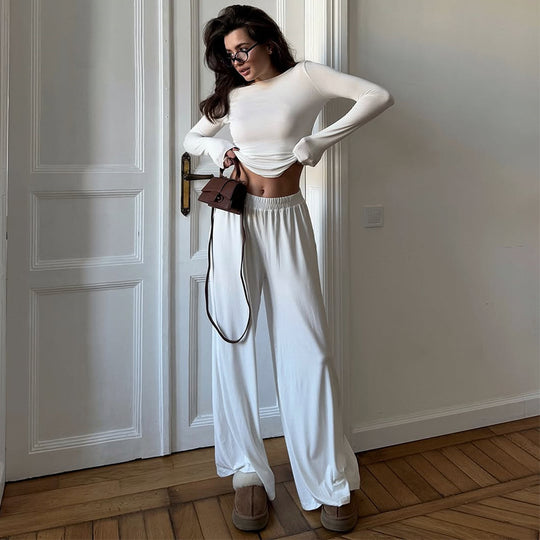 Damen Loungewear Set aus langärmligem Oberteil und weit geschnittenen Hosen EB