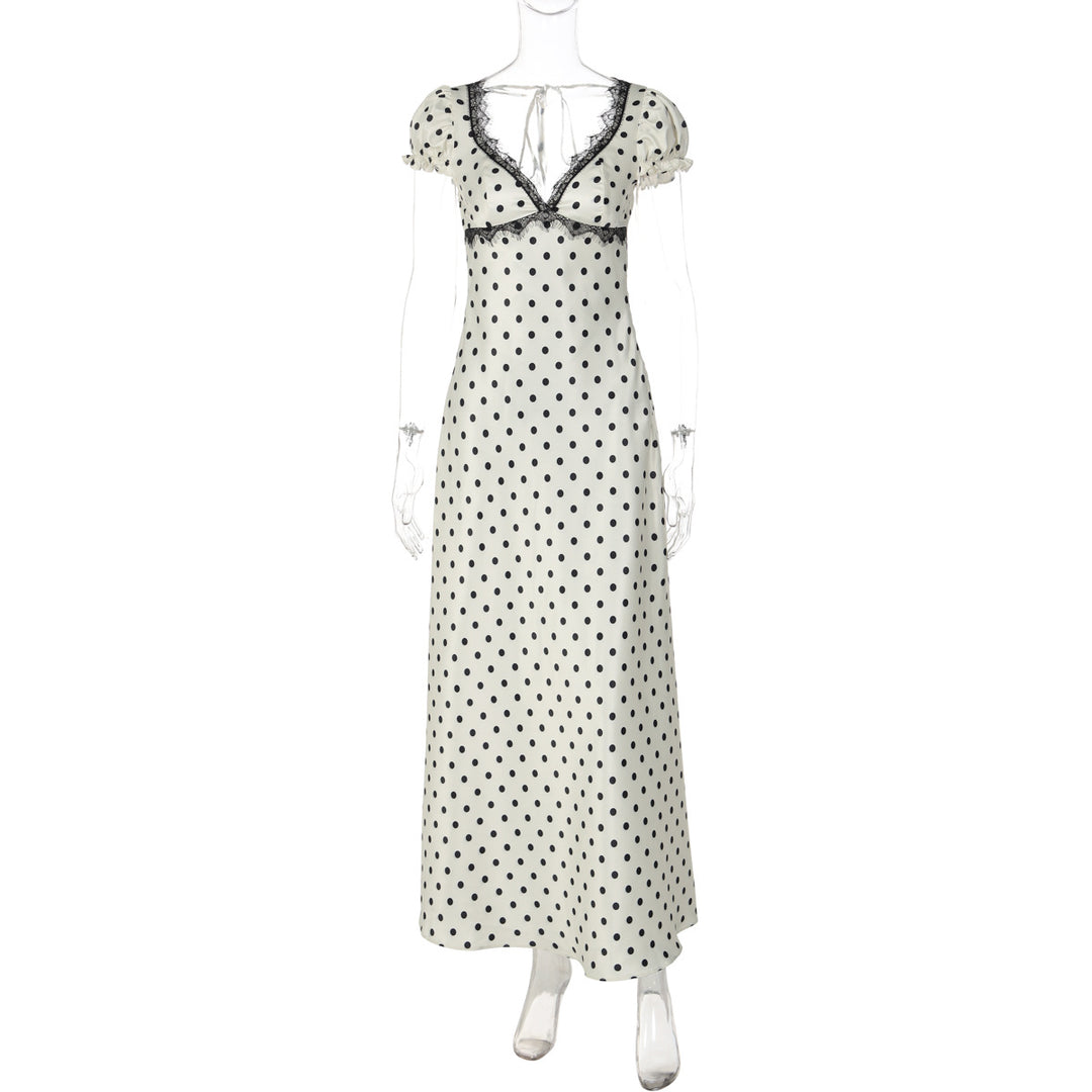 Damen Polka Dot Maxikleid mit eleganten Rüschendetails und nostalgischem Ausschnitt EB