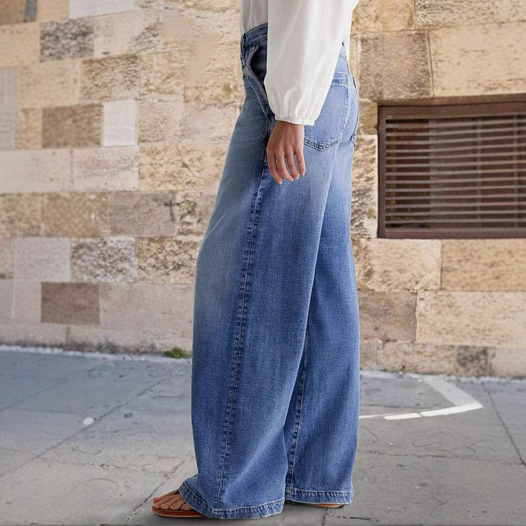 Damen Weit geschnittene Denim-Hose mit hoher Taille und eleganten Taschen EB
