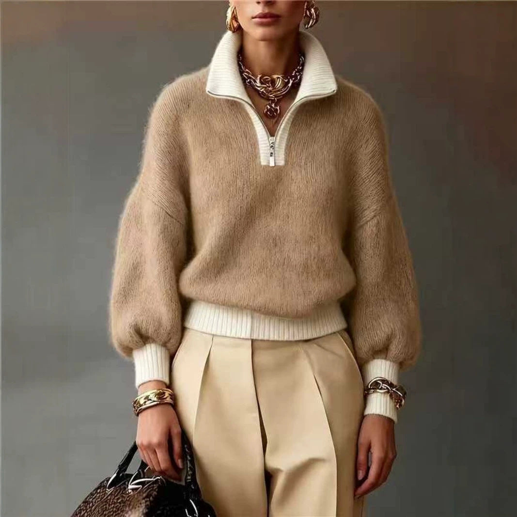 Damen Flauschiger Pullover mit halbem Reißverschluss, Stehkragen und Ballonärmeln EB