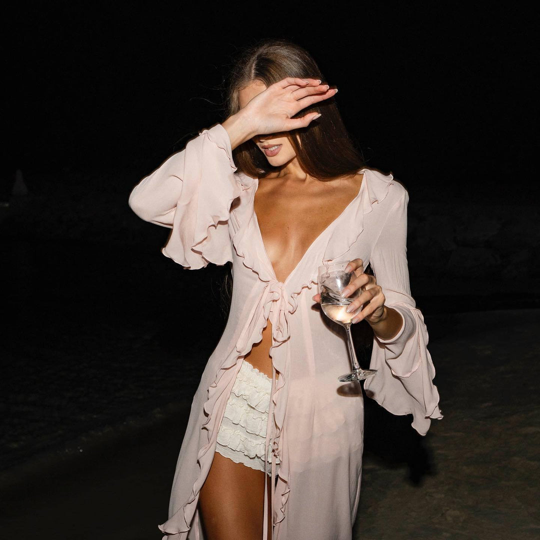 Damen elegantes Strandkleid mit Rüschen und tiefem Schlitz EB
