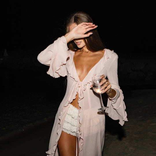 Damen elegantes Strandkleid mit Rüschen und tiefem Schlitz EB