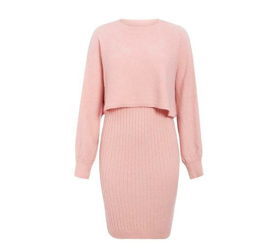 Damen Strickkleid mit kurzem Oberteil und Rippenstruktur EB