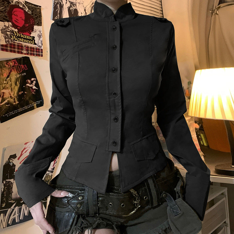 Damen nan taillierte Utility‑Militärjacke mit Stehkragen, Schulterpatten und aufgesetzten Pattentaschen EB