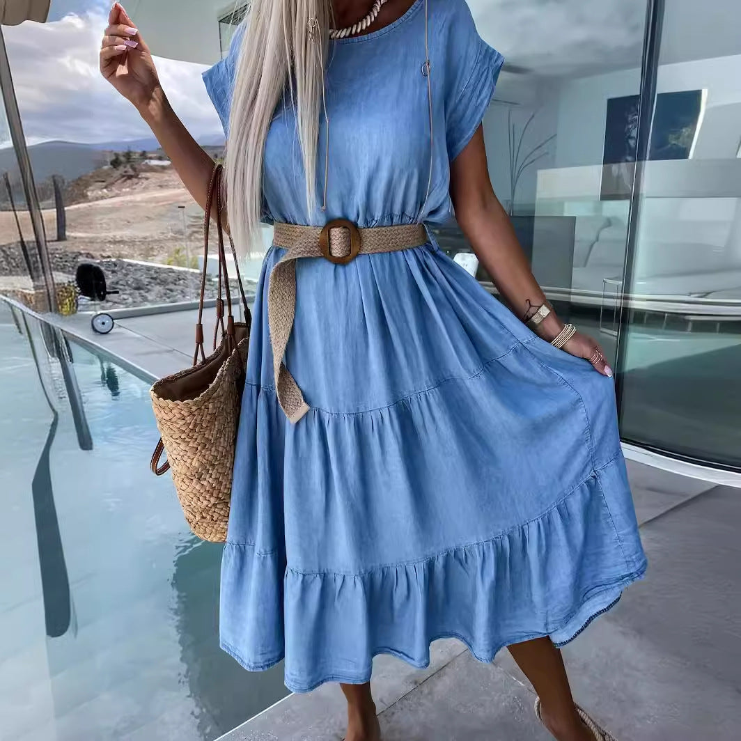 Damen Midi-Kleid mit asymmetrischem Saum und nostalgischem Denim-Stil EB
