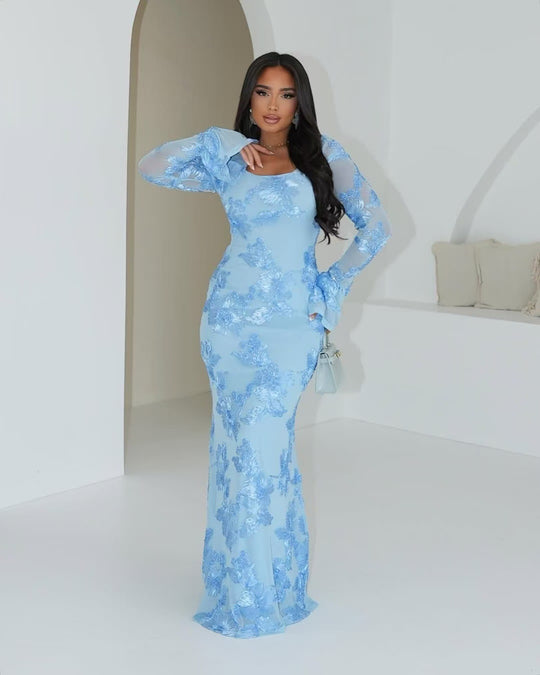 Damen Elegantes Maxikleid mit transparenter Spitze und floralen Applikationen EB