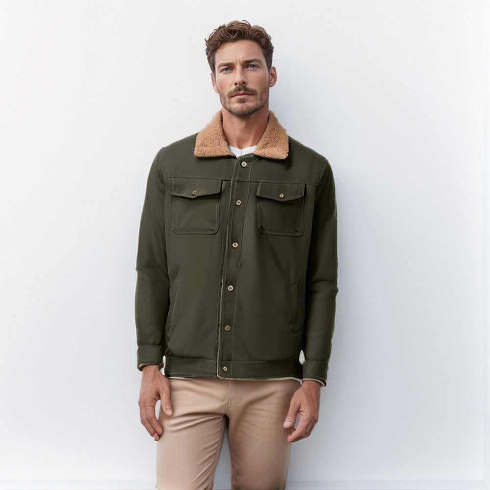 Herren lässige Jacke mit Kunstfellkragen und praktischen Taschen EB
