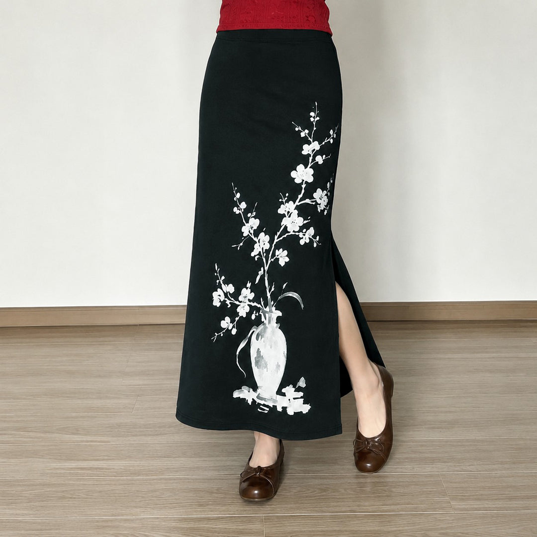 Damen nan ausgestellter Maxi-Rock mit A-Linien-Schnitt, elastischem Bund und floraler Aquarell-Vasen-Print EB