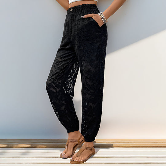 Damen Freizeithose mit floralem Samtlook und elastischem Bund EB