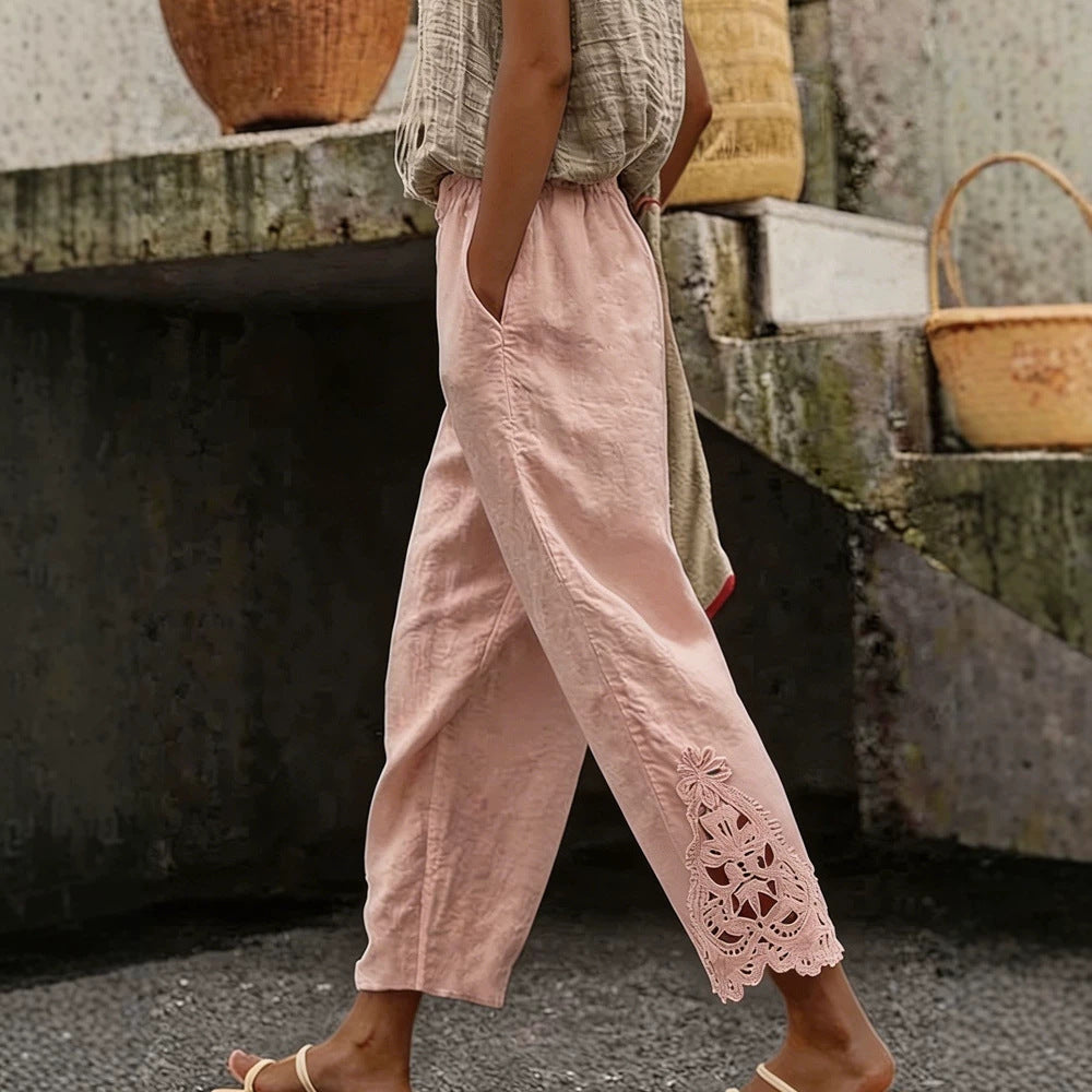 Damen Casual-Hose aus Leinenmischung mit elastischem Tunnelzugbund und Spitzenstickerei am Bein EB