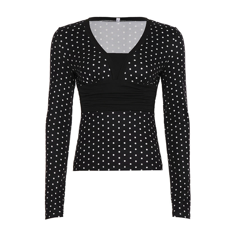 Damen nan taillierte Wickelbluse mit Polka‑Dot Muster, tiefem V‑Ausschnitt und breitem Taillenband EB