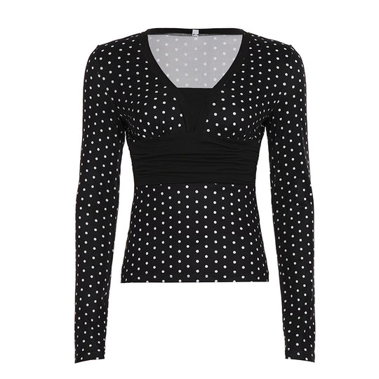 Damen nan taillierte Wickelbluse mit Polka‑Dot Muster, tiefem V‑Ausschnitt und breitem Taillenband EB