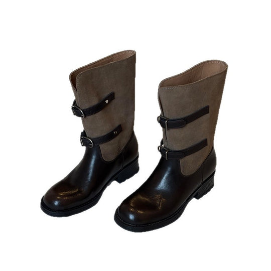 Damen Stiefel mit modischem Falten-Design und verstellbaren Schnallen EB