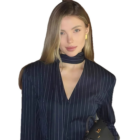 Damen Elegante gestreifte Bluse mit schmeichelndem V-Ausschnitt und schmalem Gürtel EB
