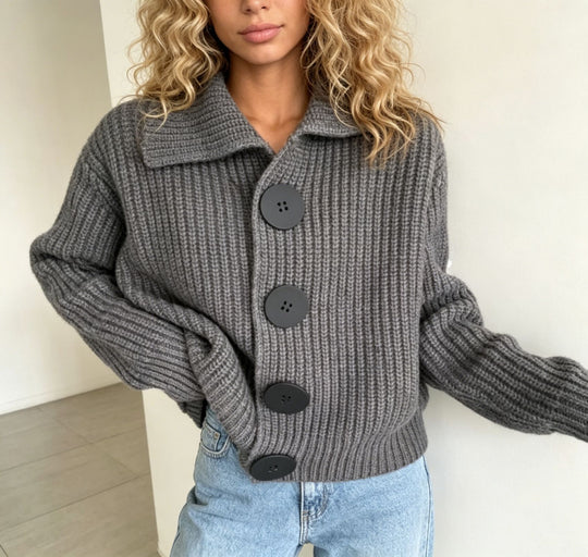 Damen Grobstrick-Cardigan mit breitem Umlegekragen EB