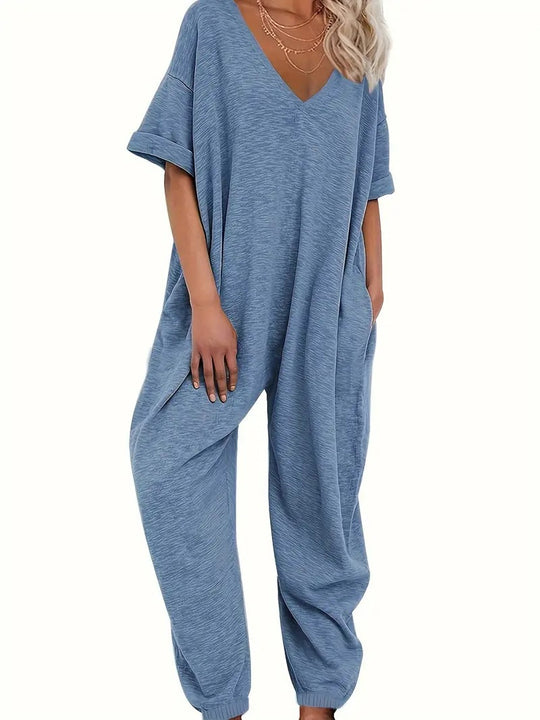 Damen Oversized Jumpsuit mit tiefem V-Ausschnitt und lässigen Taschen EB