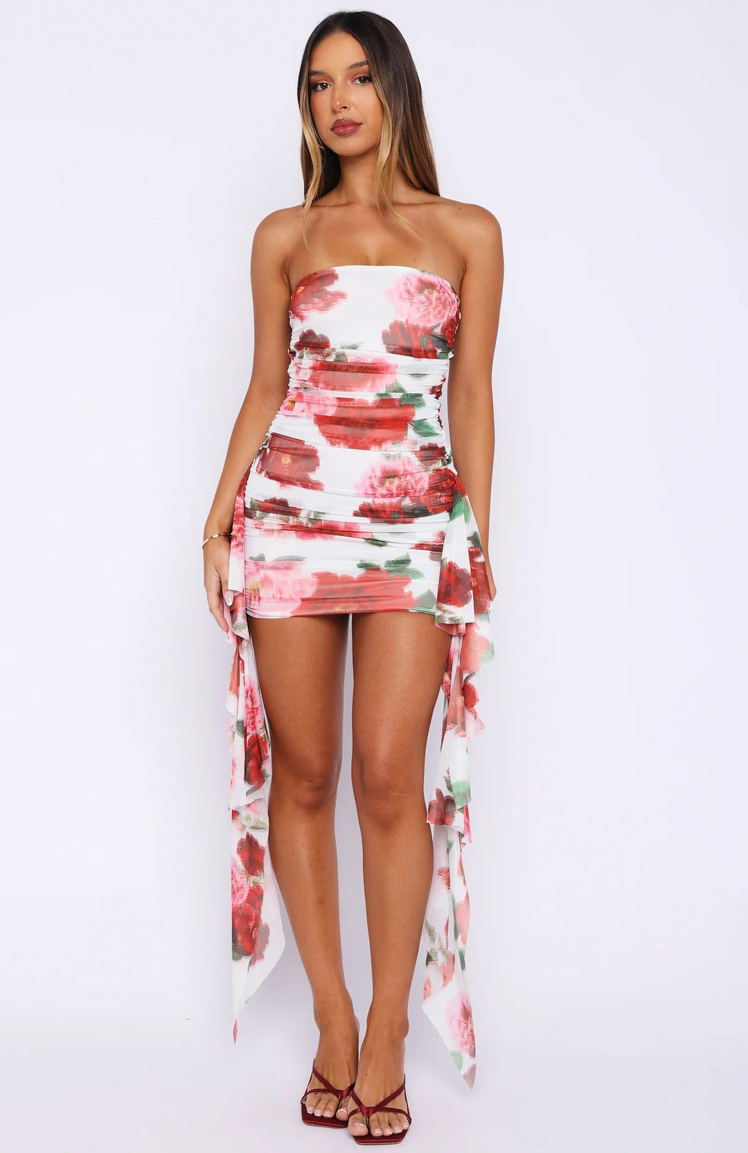 Damen kurzes Cocktailkleid mit asymmetrischem Saum und floralem Druck EB