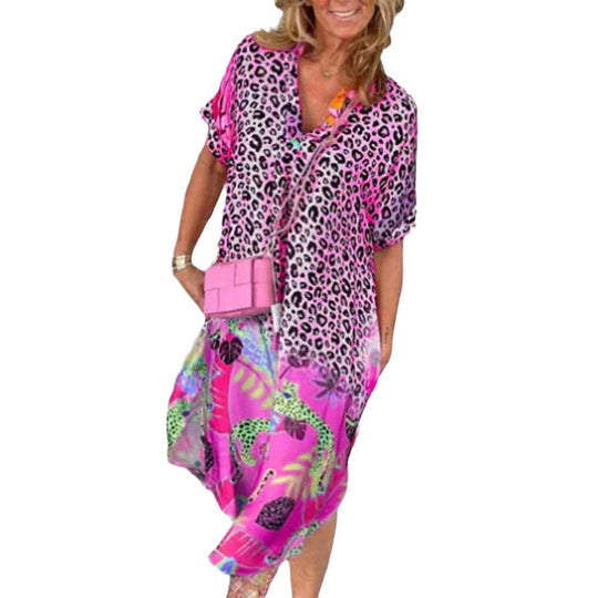 Damen nan weit geschnittenes V-Ausschnitt Midikleid mit Leoparden- und Tropenprint EB