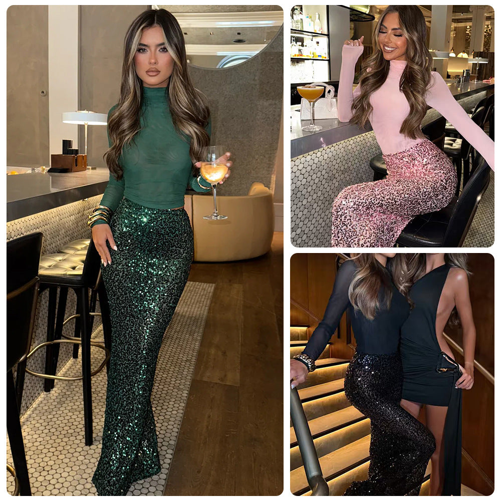 Damen Glamouröses Pailletten-Maxi-Rockkleid mit figurbetontem Oberteil und elegantem Schnitt EB
