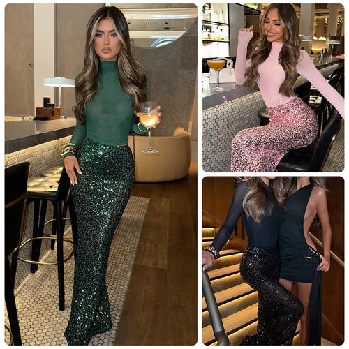 Damen Glamouröses Pailletten-Maxi-Rockkleid mit figurbetontem Oberteil und elegantem Schnitt EB