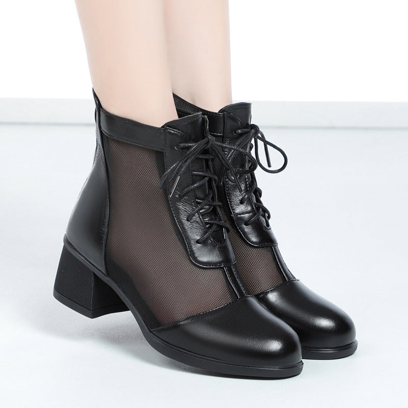 Damen Elegante Schnürstiefeletten mit atmungsaktiver Netzstruktur und komfortablem Blockabsatz EB