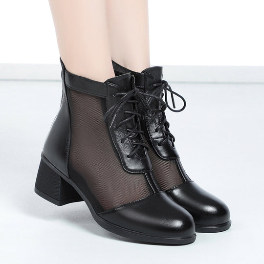 Damen Elegante Schnürstiefeletten mit atmungsaktiver Netzstruktur und komfortablem Blockabsatz EB