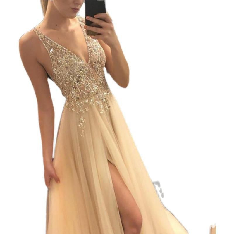 Damen Glamouröses Abendkleid mit funkelnder Applikation und hochgeschlitzt Design EB