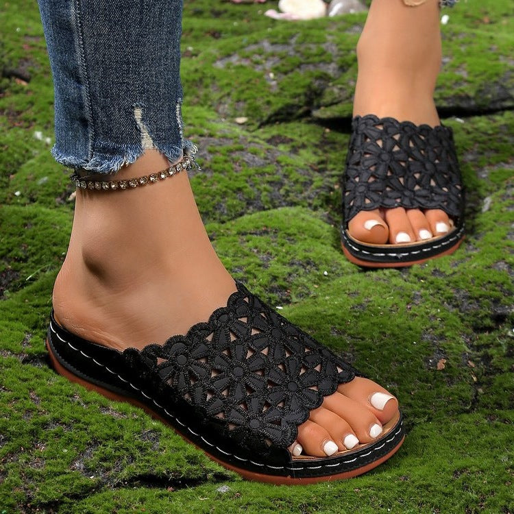 Damen offene Riemchen-Sandalen mit floralem Häkel-Muster EB