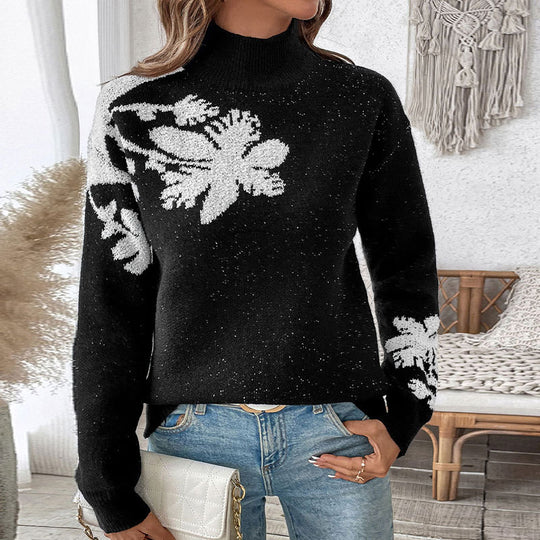 Damen Strickpullover mit floralem Muster und hohem Kragen EB