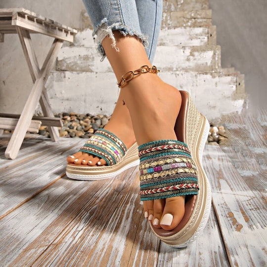 Damen Wedge-Pantoletten mit dekorativem Mustermix und komfortablem Fußbett EB