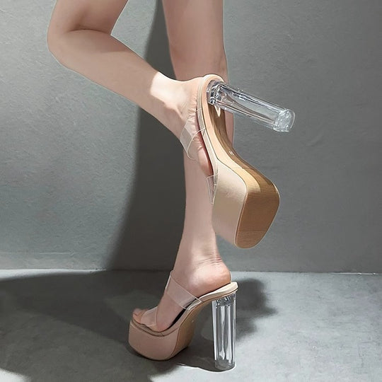 Damen transparente High Heel Mules mit höherem Blockabsatz EB