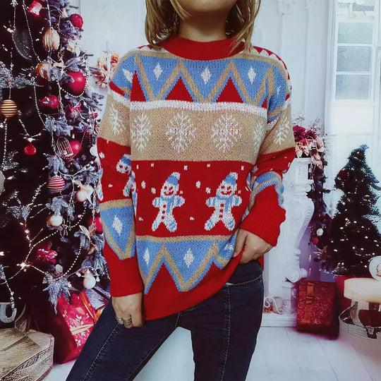Damen Festlicher Strickpullover mit fröhlichem Weihnachtsmotiv und lässigem Schnitt EB