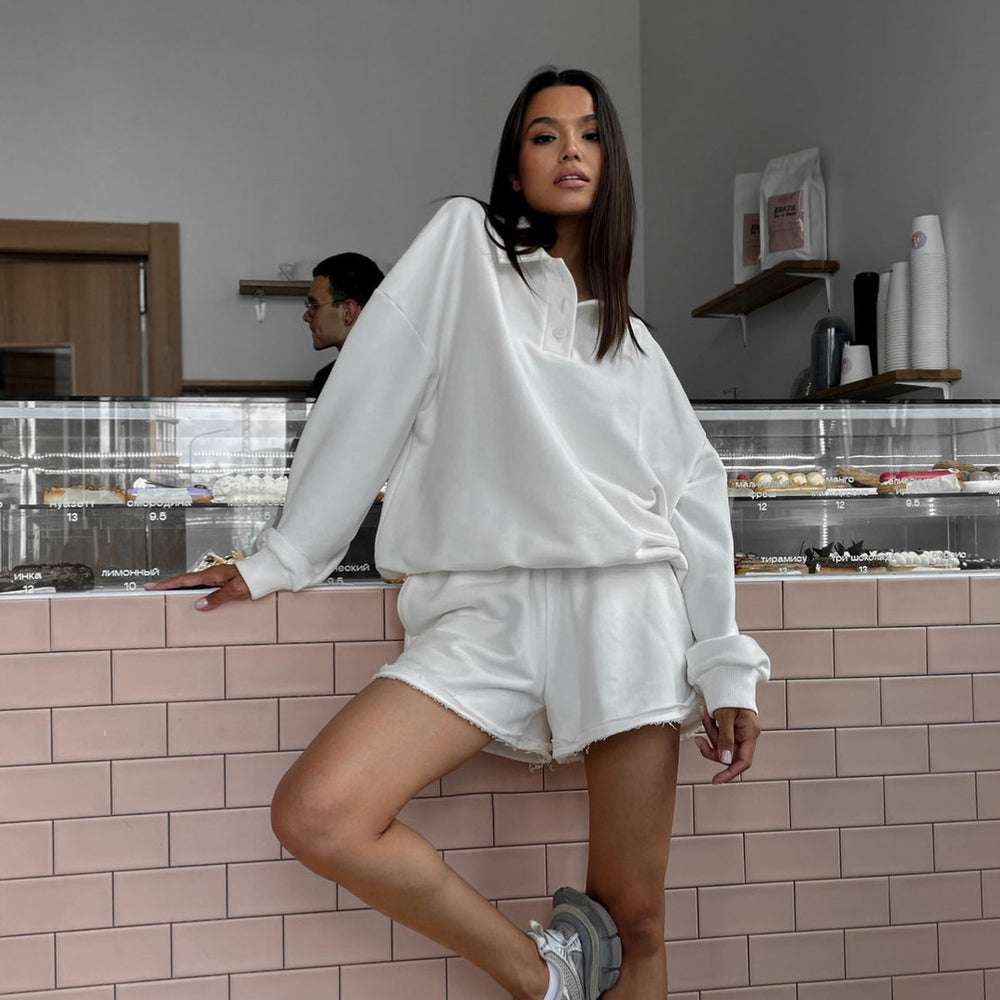 Damen lässiges Freizeit-Set mit Überschnittenen Ärmeln und weichen Shorts EB