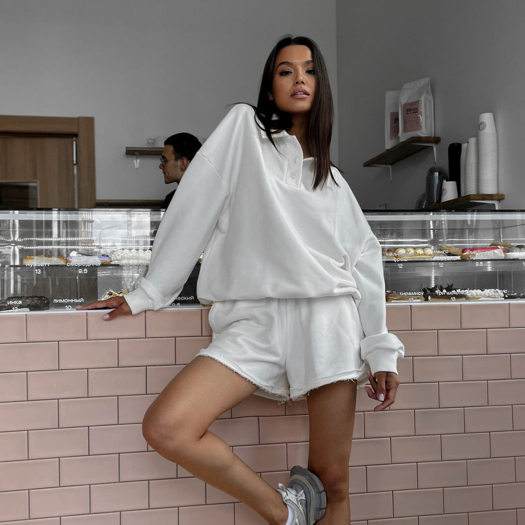 Damen Relaxed-Frottee-Loungewear-Set mit Oversize-Sweatshirt und ausgefransten Shorts EB