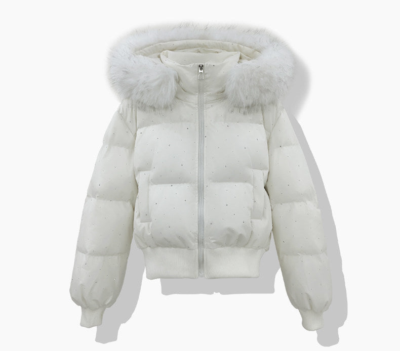 Damen nan kurzer gesteppter Pufferblouson mit feinem Strassbesatz, abnehmbarer Webpelzkapuze und elastischem Saum EB