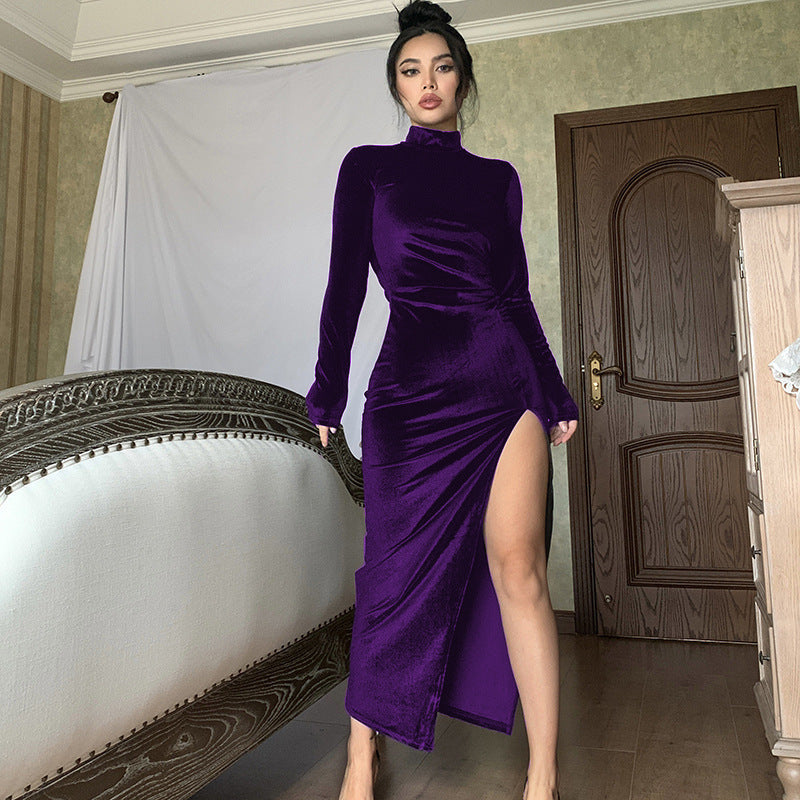 Damen Elegantes Langarm-Wickelkleid aus weichem Veloursstoff mit hohem Schlitz EB