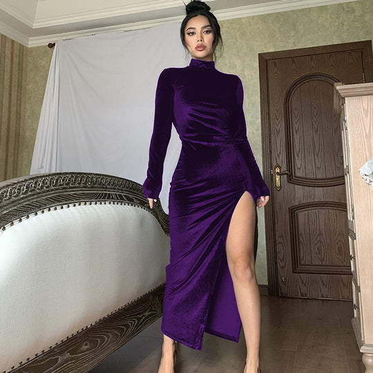 Damen Elegantes Langarm-Wickelkleid aus weichem Veloursstoff mit hohem Schlitz EB