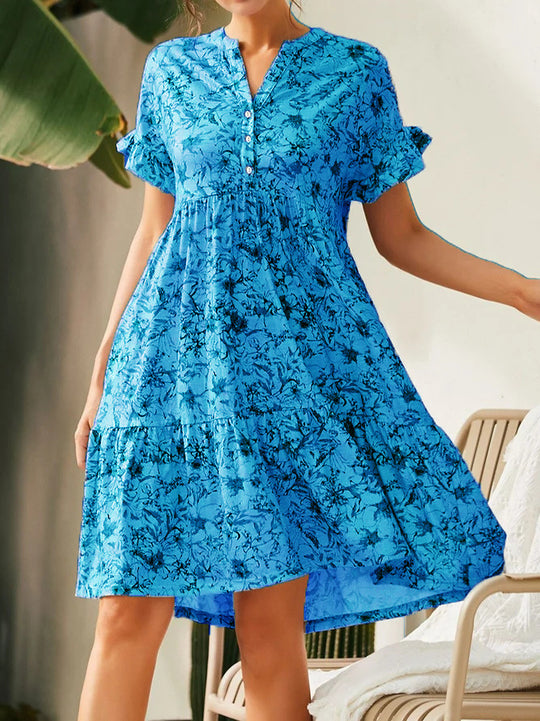 Damen lässiges Blumenkleid mit Knopfleiste und Rüschendetails EB