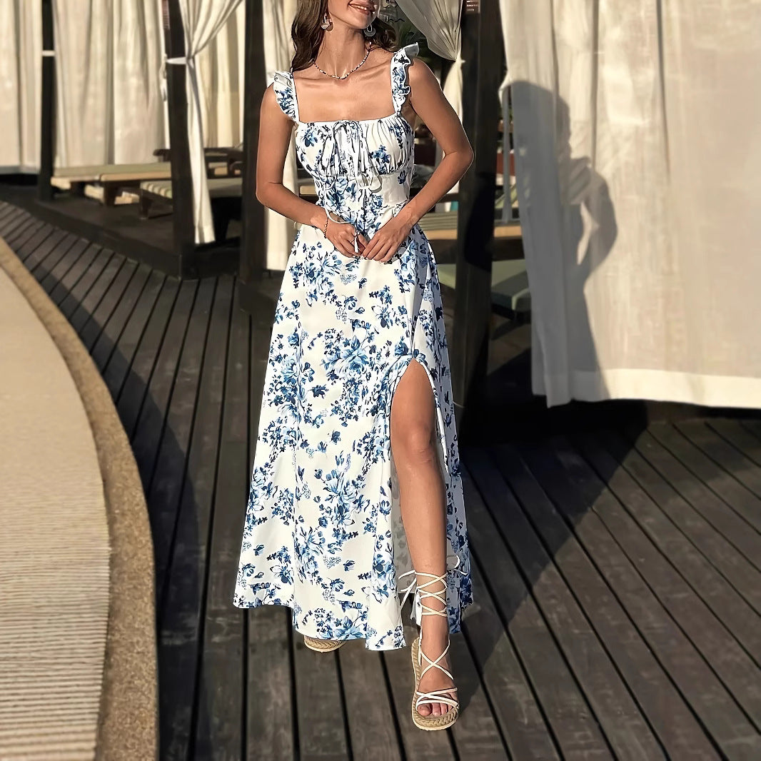 Damen Maxikleid mit floralen Mustern und seitlichem Schlitz EB