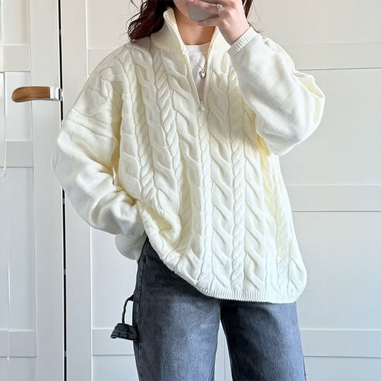 Damen nan oversized Zopfmuster-Troyer mit halbem Reißverschluss, hohem Stehkragen und gerundetem Saum EB