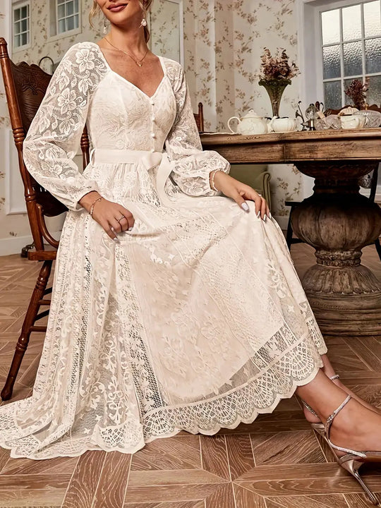 Damen Elegantes Spitze Midi-Kleid mit puffärmel und Taillenbindung EB