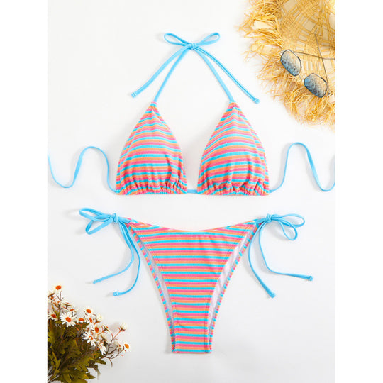 Damen Triangel-Bikini mit verstellbaren Bindebändern und verspieltem Streifenmuster EB