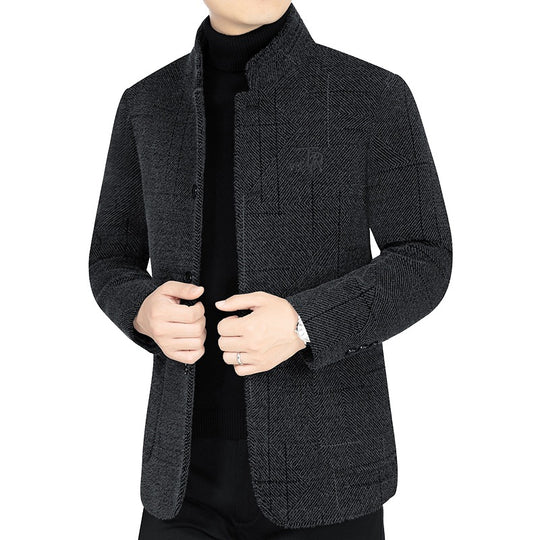 Herren Sakko-Jacke im Blazer-Look mit Stehkragen und Fischgrätstruktur EB