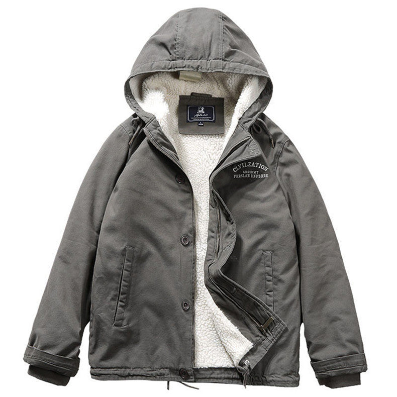 Herren Kapuzenjacke im Vintage-Worker-Stil mit Sherpa‑Futter EB