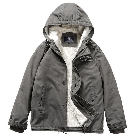 Herren Kapuzenjacke im Vintage-Worker-Stil mit Sherpa‑Futter EB